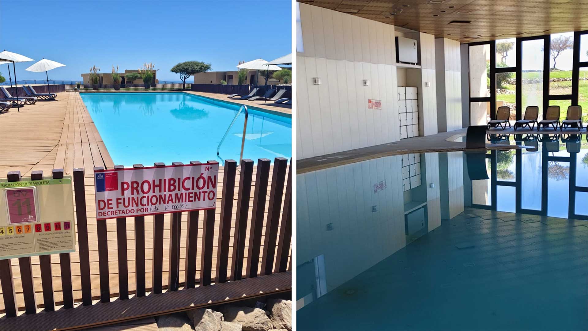 Las piscinas del lujoso hotel de Hornitos fueron cerradas temporalmente debido al exceso de cloro.