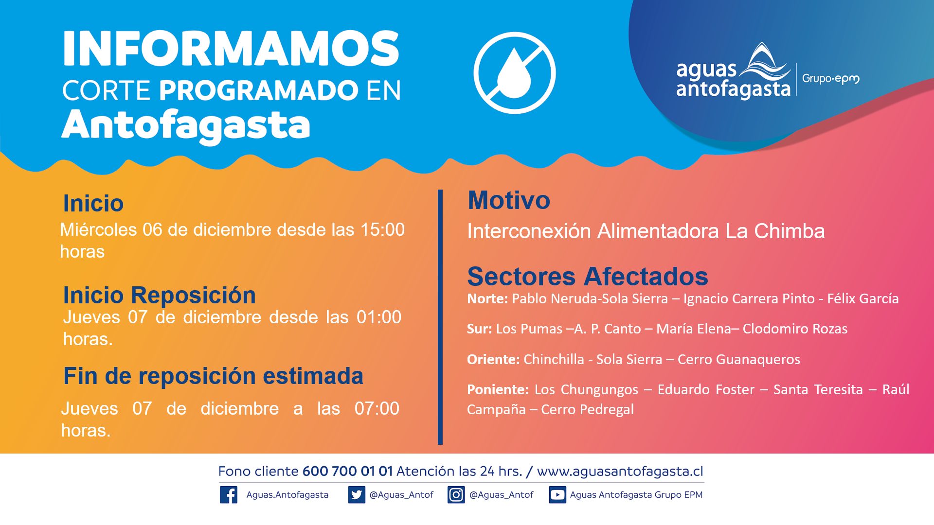 Aguas Antofagasta Informa Corte Programado en Sector Acotado del Norte Alto de Antofagasta